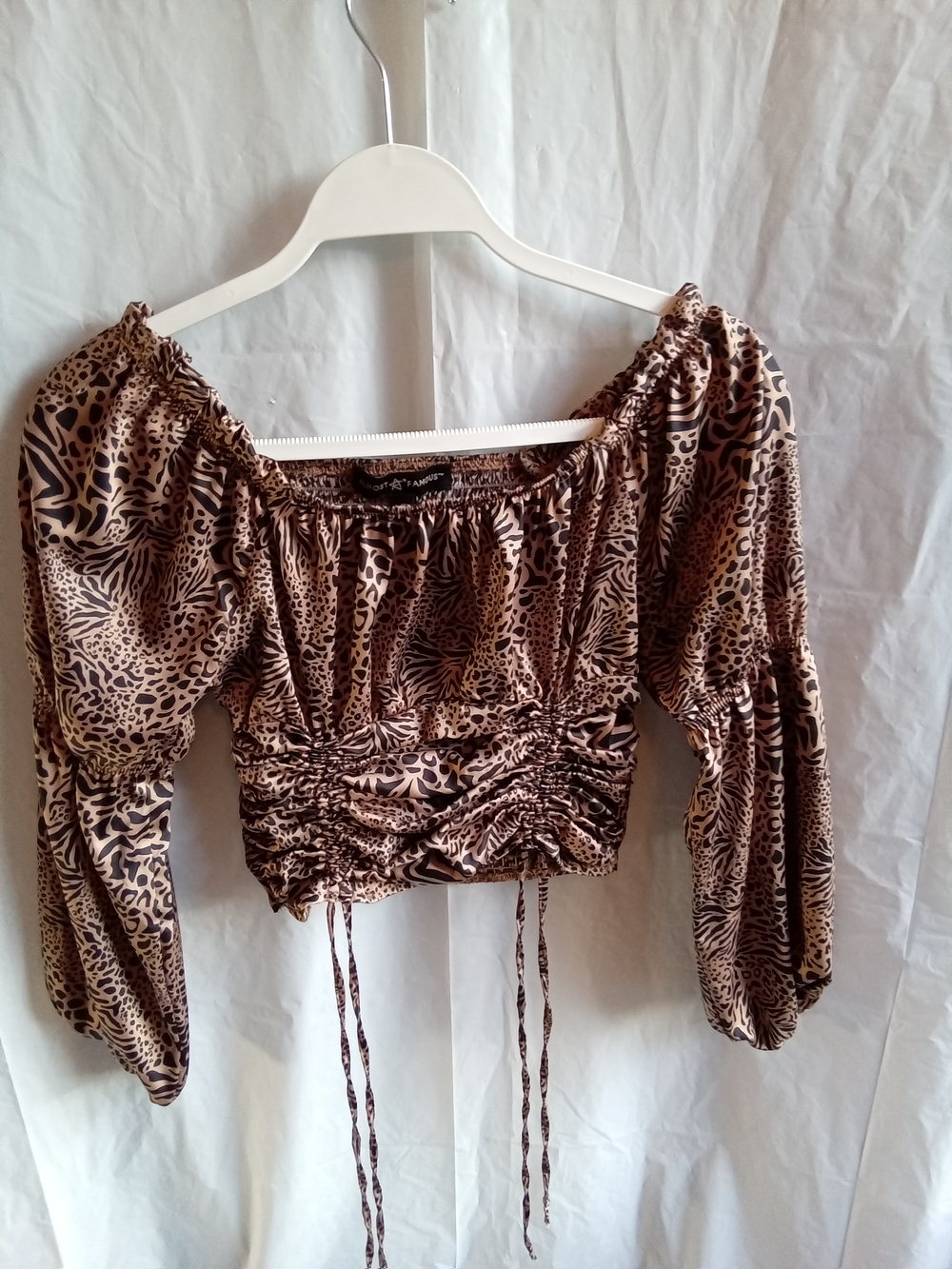Almost Famous Animal Print Off-Shoulder Ruched Crop Top‎ - Brown SM
